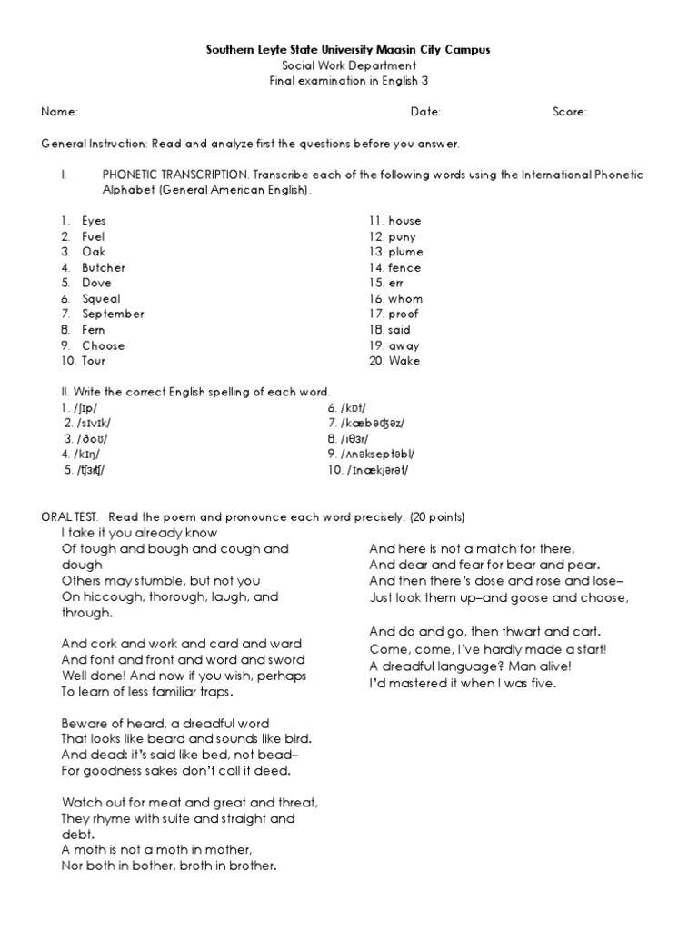 English 3 Exam Pdf Orthography Writing