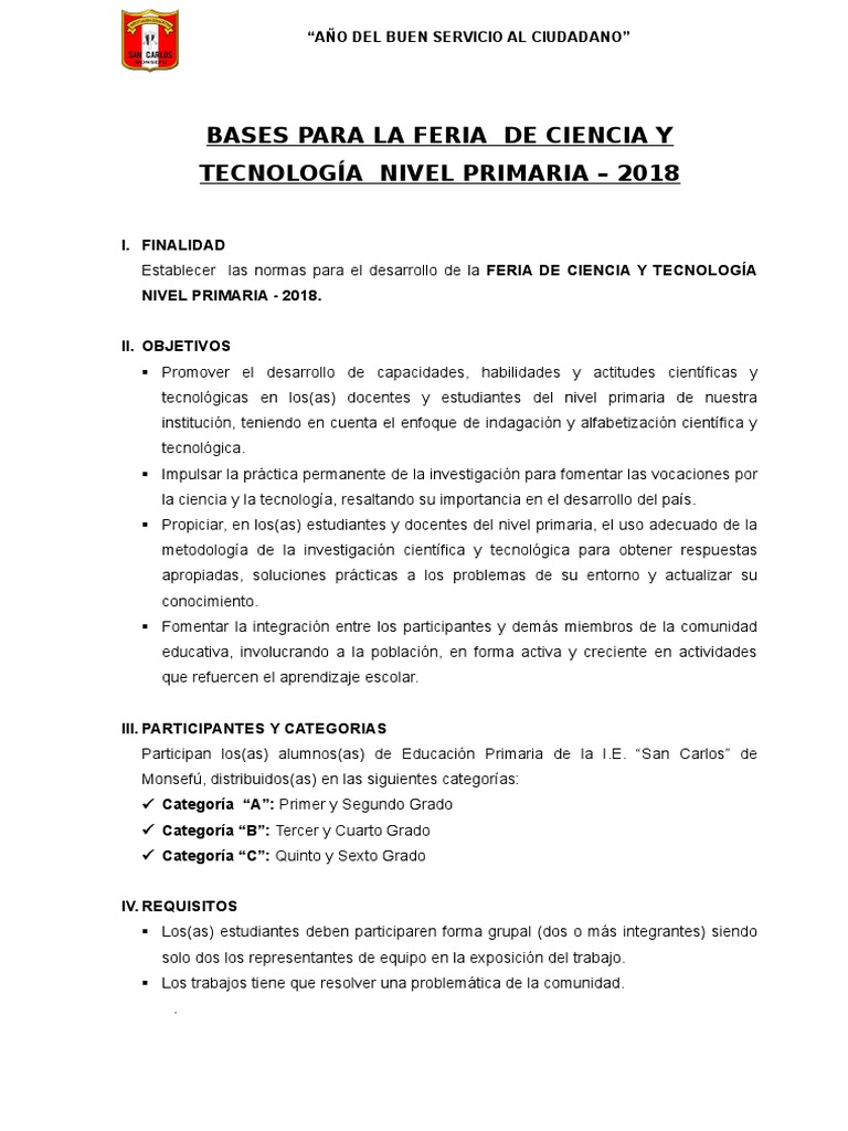 Bases para la Feria de Ciencia Primaria 2018 | PDF | Educación primaria ...