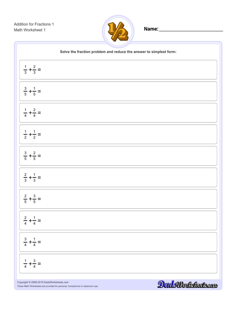 Simple Addition Same Denominator No Wholes V1 | Pdf | Fraction (Mathematics) | Numbers