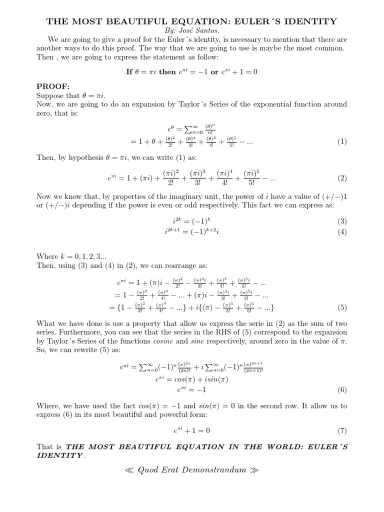 The Most Beautiful Equation: Euler S Identity | PDF | Trigonometric ...