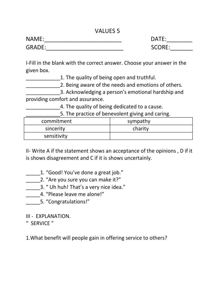 Values 5 NAME: - DATE: - GRADE: - SCORE | PDF | Philippines | Menstruation