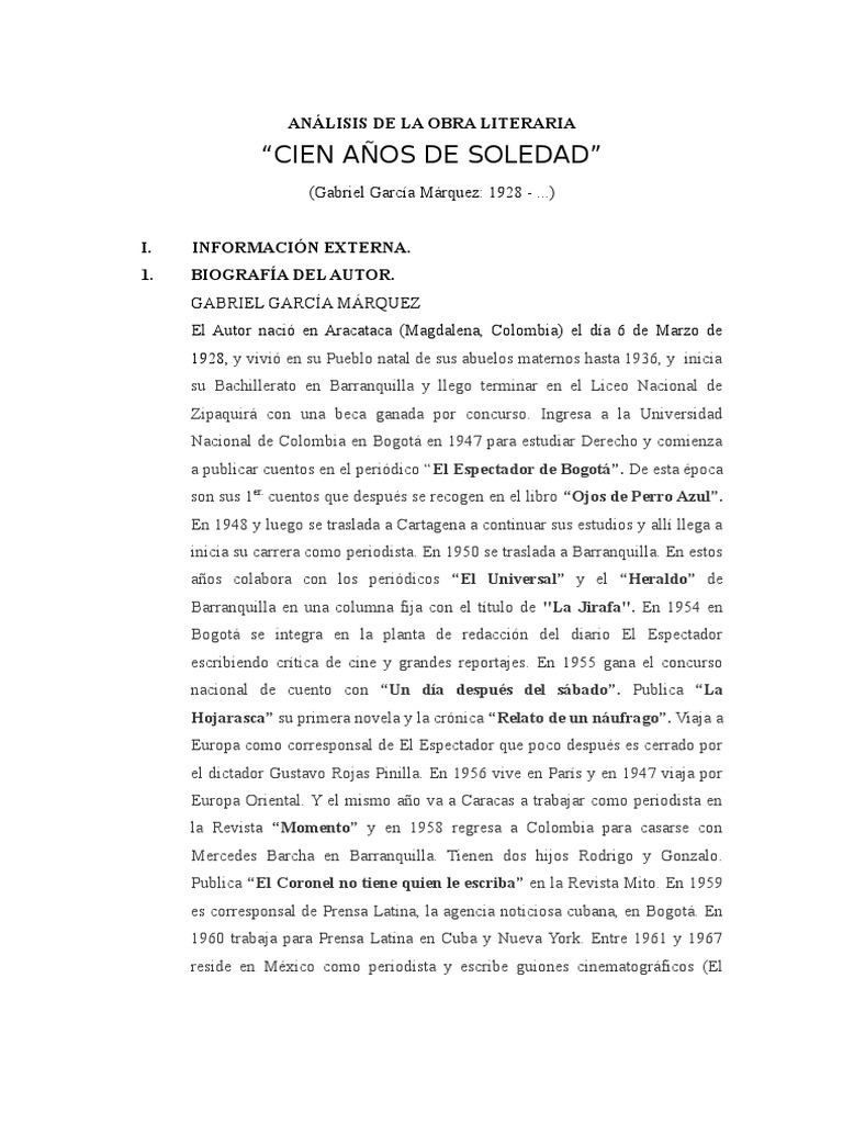 “Cien Años De Soledad” Análisis De La Obra Literaria Gabriel García Márquez Prueba gratuita