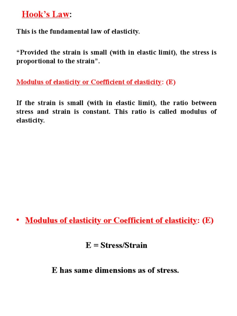 Hook's Law Modulus of Elasticity or Coefficient of Elasticity (E