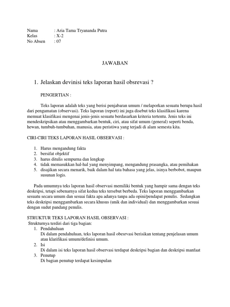 1 Jelaskan Devinisi Teks Laporan Hasil Obsrevasi Jawaban