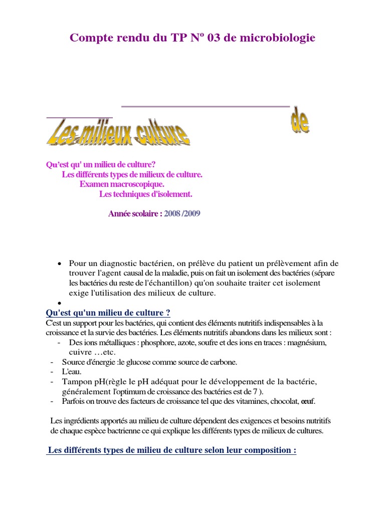 Compte Rendu Tp Analyse Microbiologique Du Lait Compte Rendu Du TP #03 de Microbiologie Les Milieux de Culture | PDF |  Milieu de culture | Bactérie