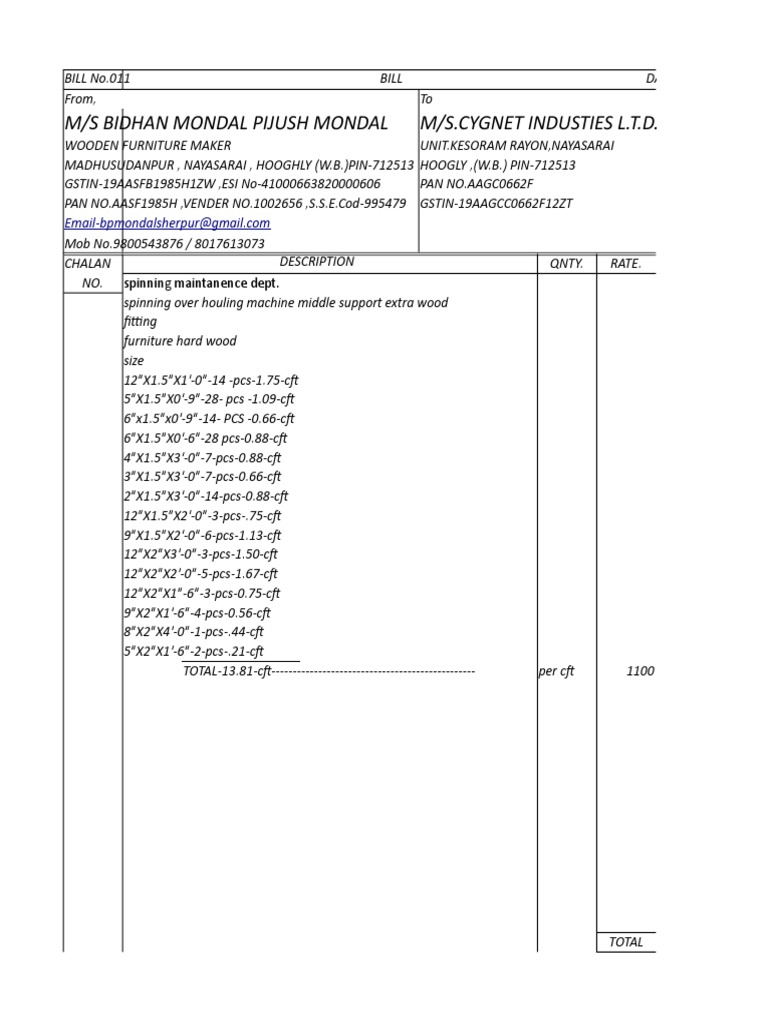 Bill for Wooden Furniture Supply | PDF