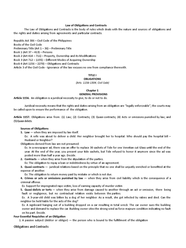 Overview of Obligations and Contracts | PDF | Negligence | Debtor