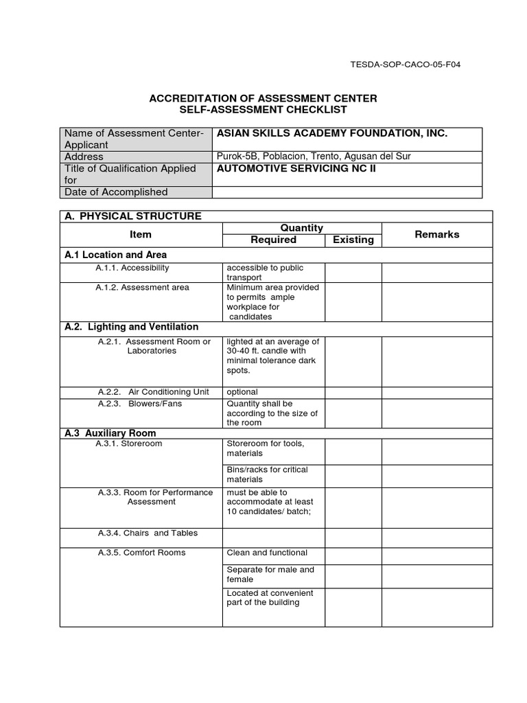 TESDA Automotive NC II Assessment Checklist | PDF