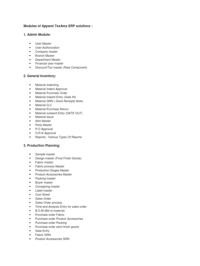Modules of Apparel TexAms ERP Solutions | PDF | Textiles | Economies