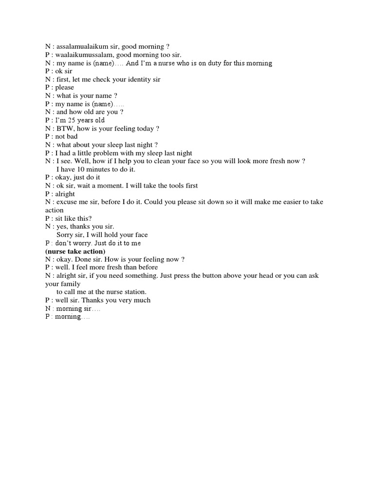 Nurse Patient Morning Interaction Script | PDF | Self-Improvement