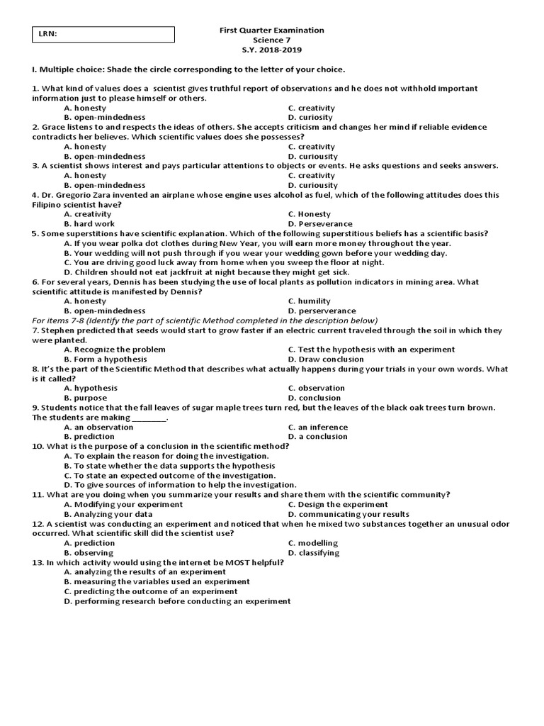 Science 7 1st Q Exam 2018 | PDF | Experiment | Solution