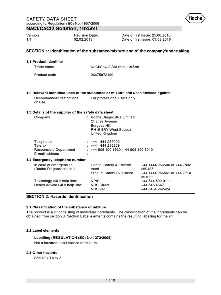Nacl/Cacl2 Solution, 10X5Ml Safety Data Sheet PDF Dangerous Goods