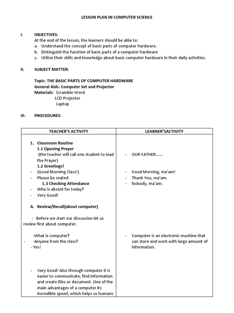 Computer Hardware Lesson Plan | PDF | Computer Data Storage | Random ...