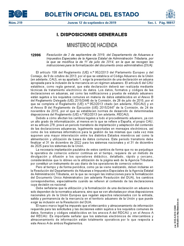 Dua Documento único Administrativo Pdf Aduana El Comercio