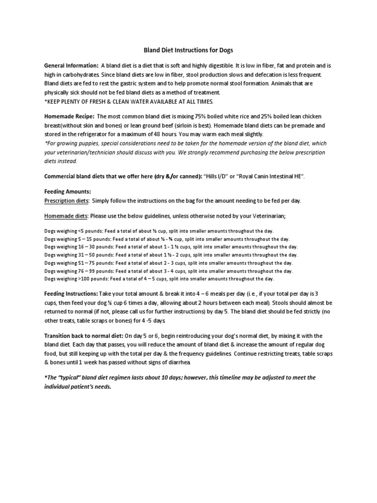 Bland Diet Instructions For Dogs