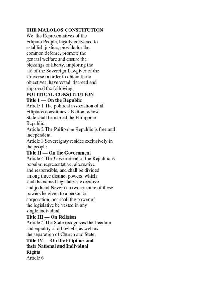 The Malolos Constitution PDF President Of The Philippines World Politics