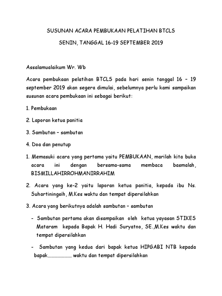 Susunan Acara Pembukaan Pelatihan Btcls