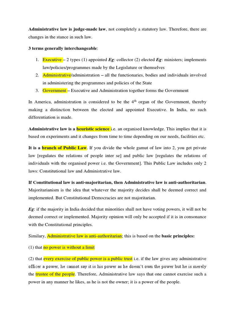 Admin - Short Notes | PDF | Rule Of Law | Administrative Law