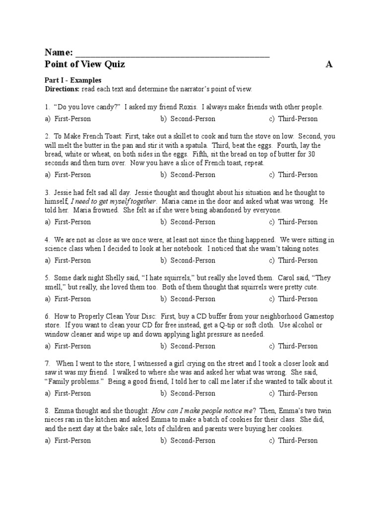 Point of View Quiz PDF Narration