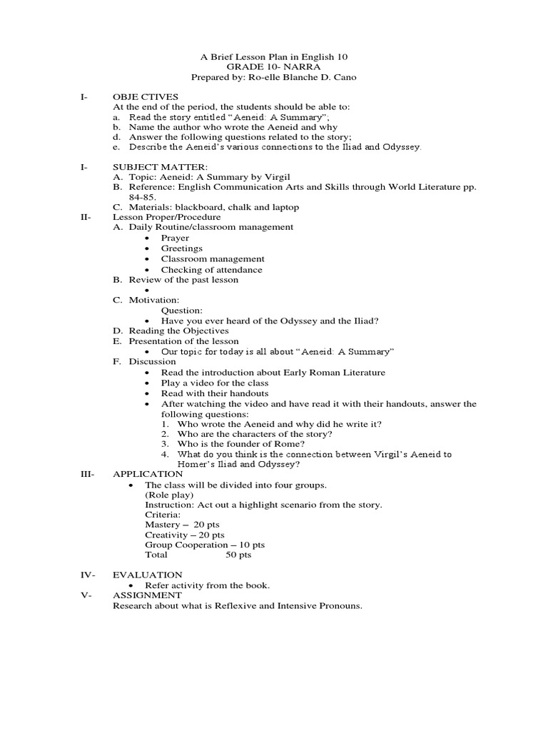 Brief English Lesson Plan for Grade 10 | PDF