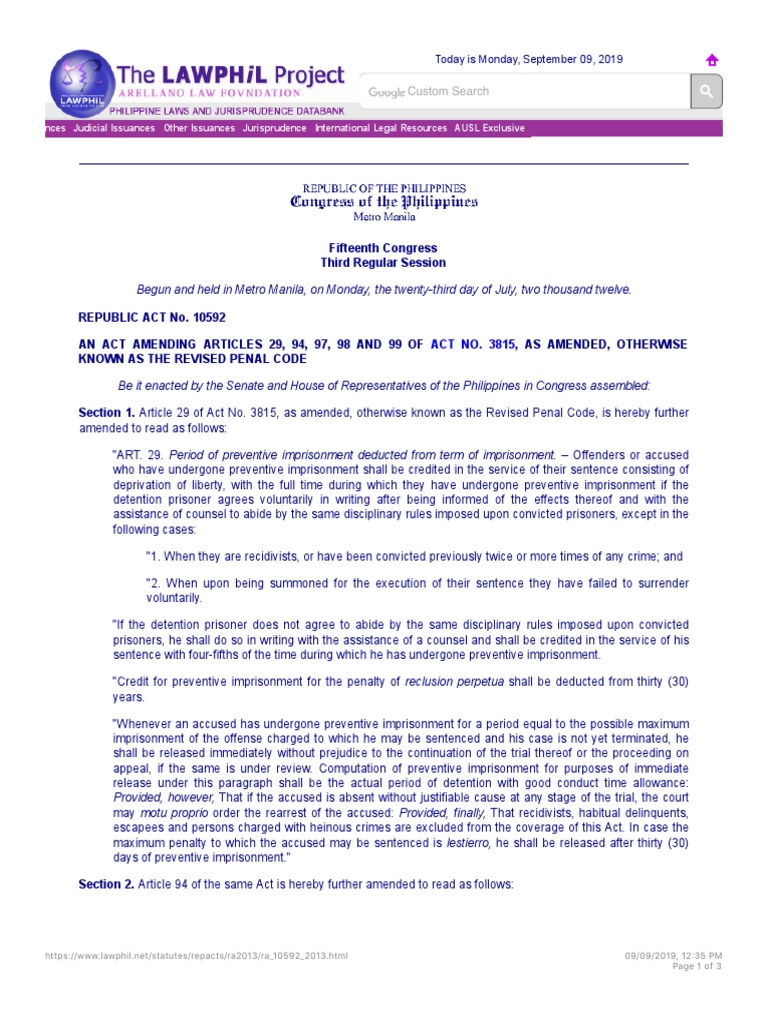 Amendments to the Revised Penal Code on Credit for Preventive ...