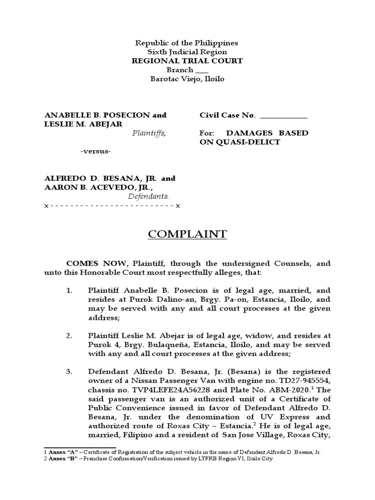 Complaint CIVIL CASE Posecionabejar | PDF | Joint And Several Liability ...