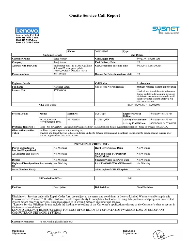 Onsite Service Call Report: Customer Signature: Engineer Signature ...