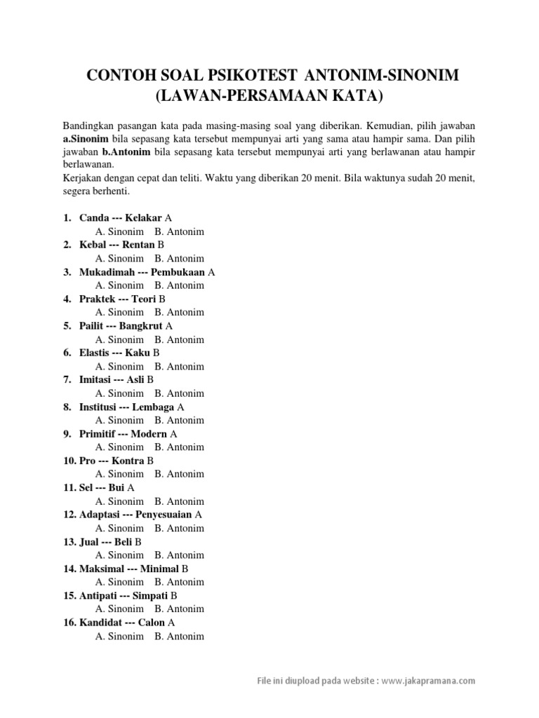 Soal Psikotest Antonim Sinonim
