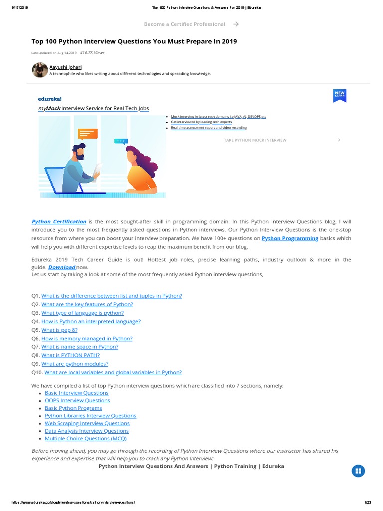 Top 100 Python Interview Questions & Iter | PDF | Python (Programming ...