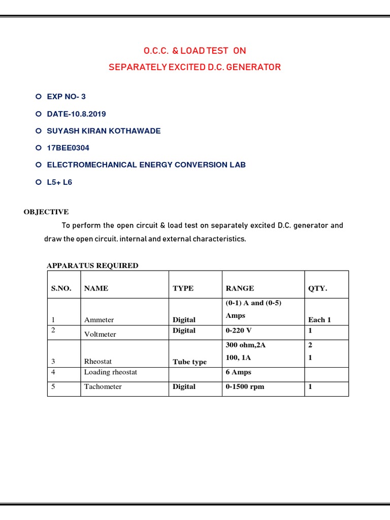 O.C.C. and Load Testing of DC Generator | PDF | Electric Motor | Direct ...
