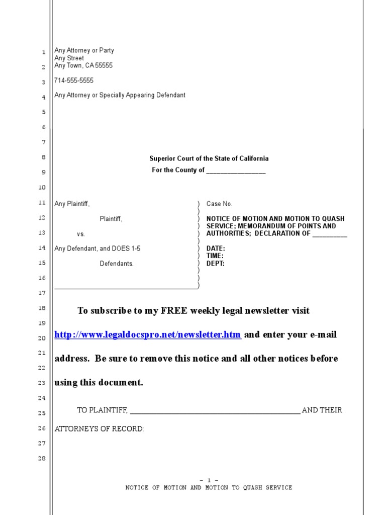 Sample Motion To Quash Service For California Under Code of Civil