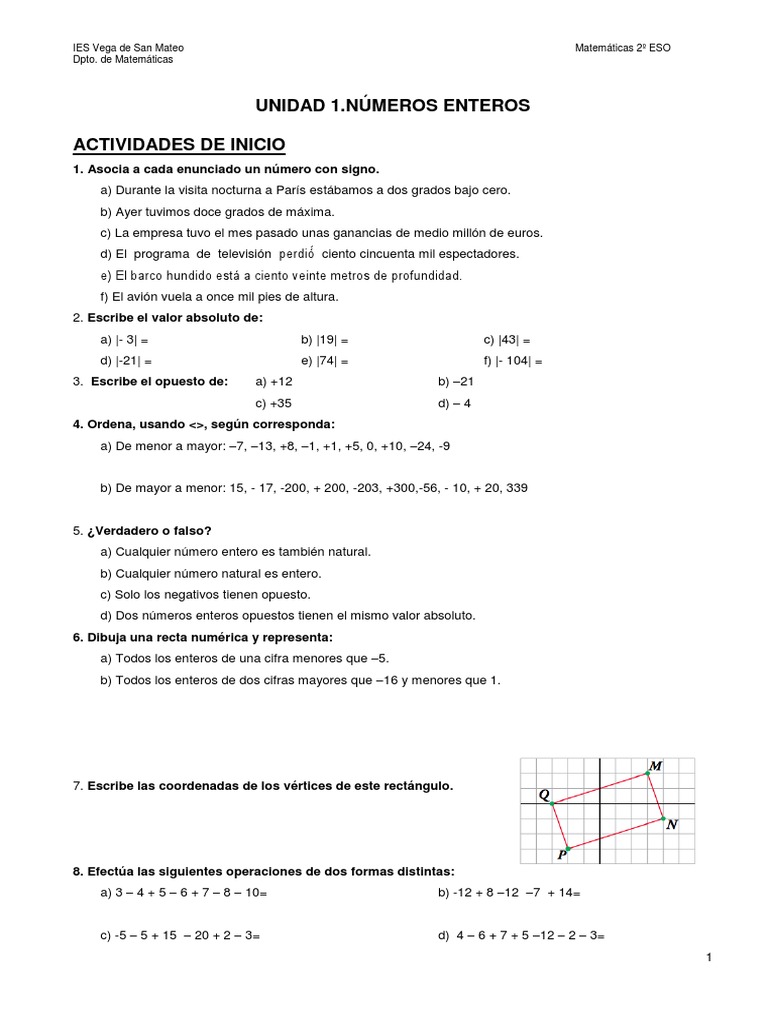 Ejercicios de La Unidad 1. Números Enteros Final | PDF | Entero ...