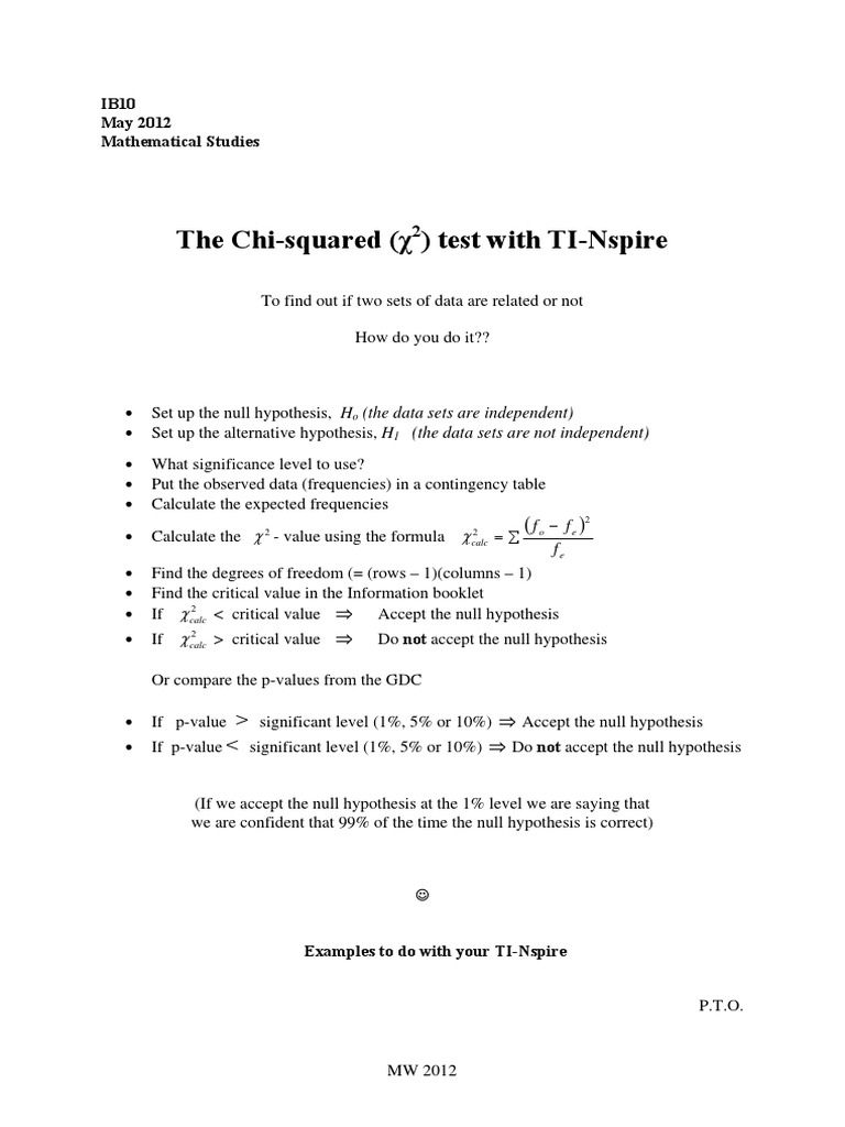 The ChiSquared Test With TINspire IB10 PDF Chi Squared Test P Value
