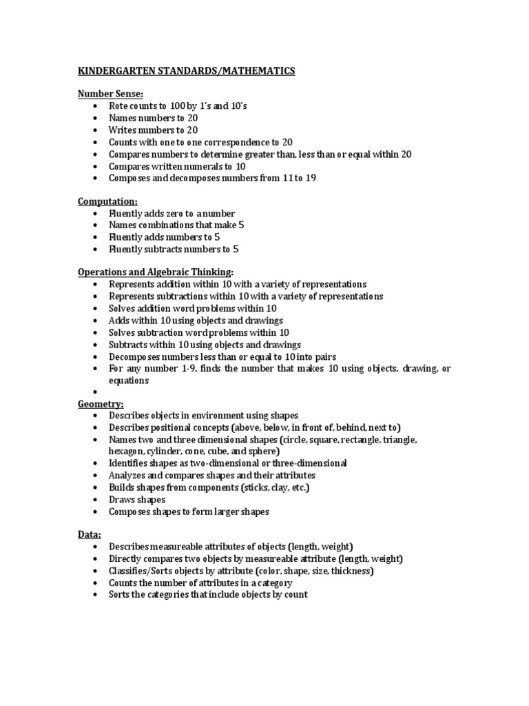 Kindergarten Math Standards | Pdf