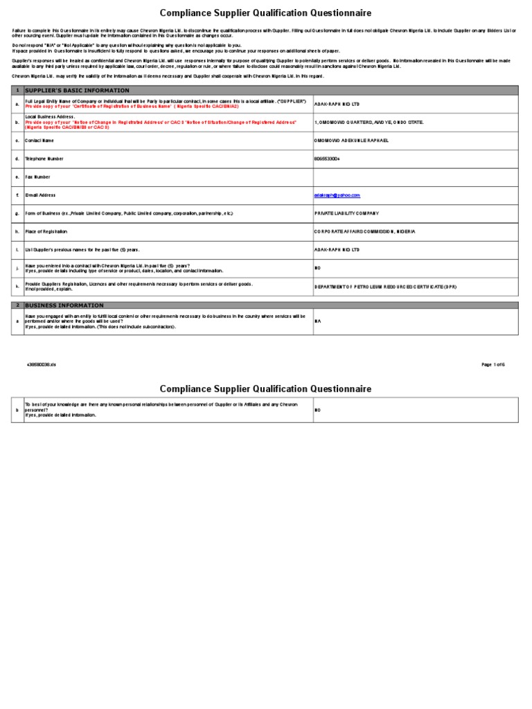 004A - Supplier Qualification Questionnaire 2 | PDF | Limited Company ...