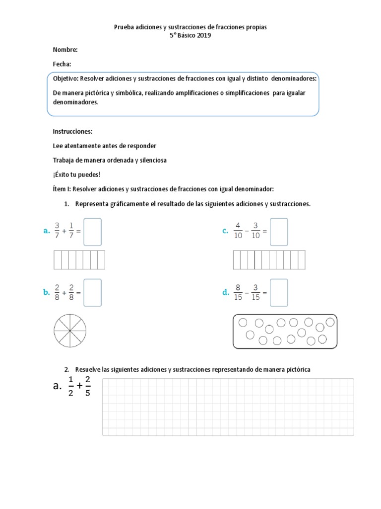 Prueba de Sumas y Restas de Fracciones | PDF