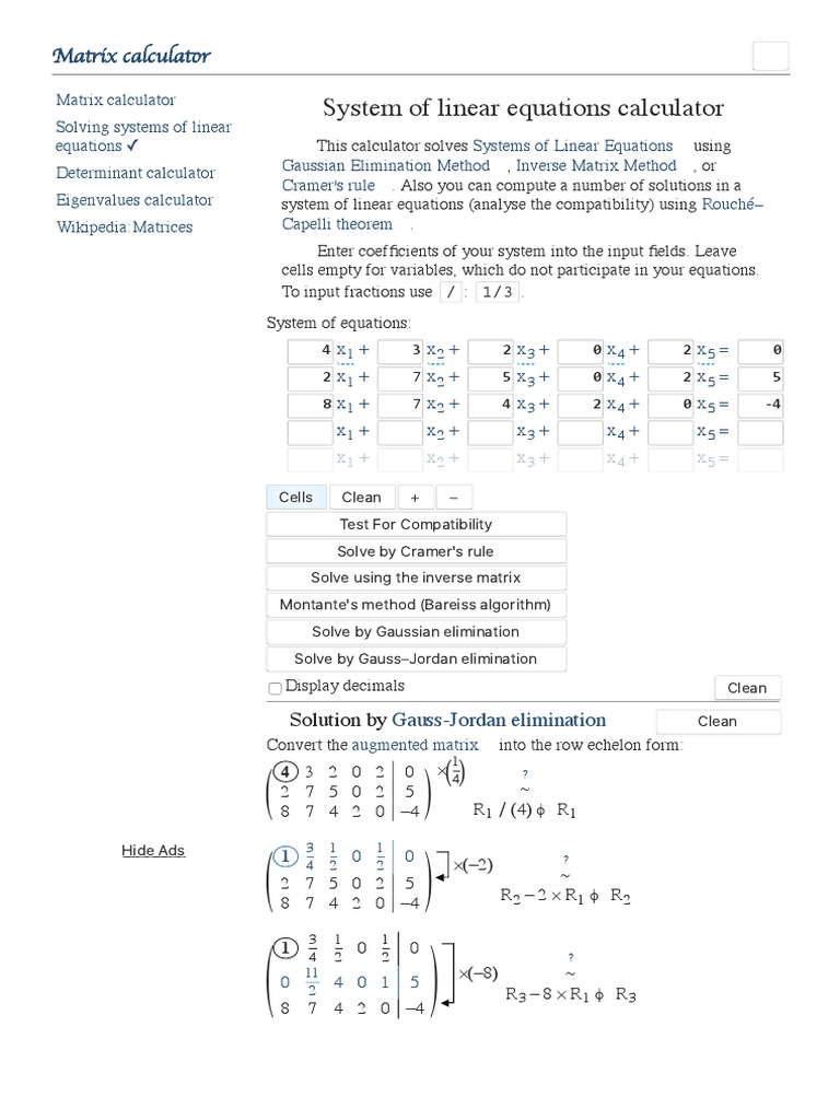 Matrix Calculator for Linear Equations | PDF | System Of Linear ...