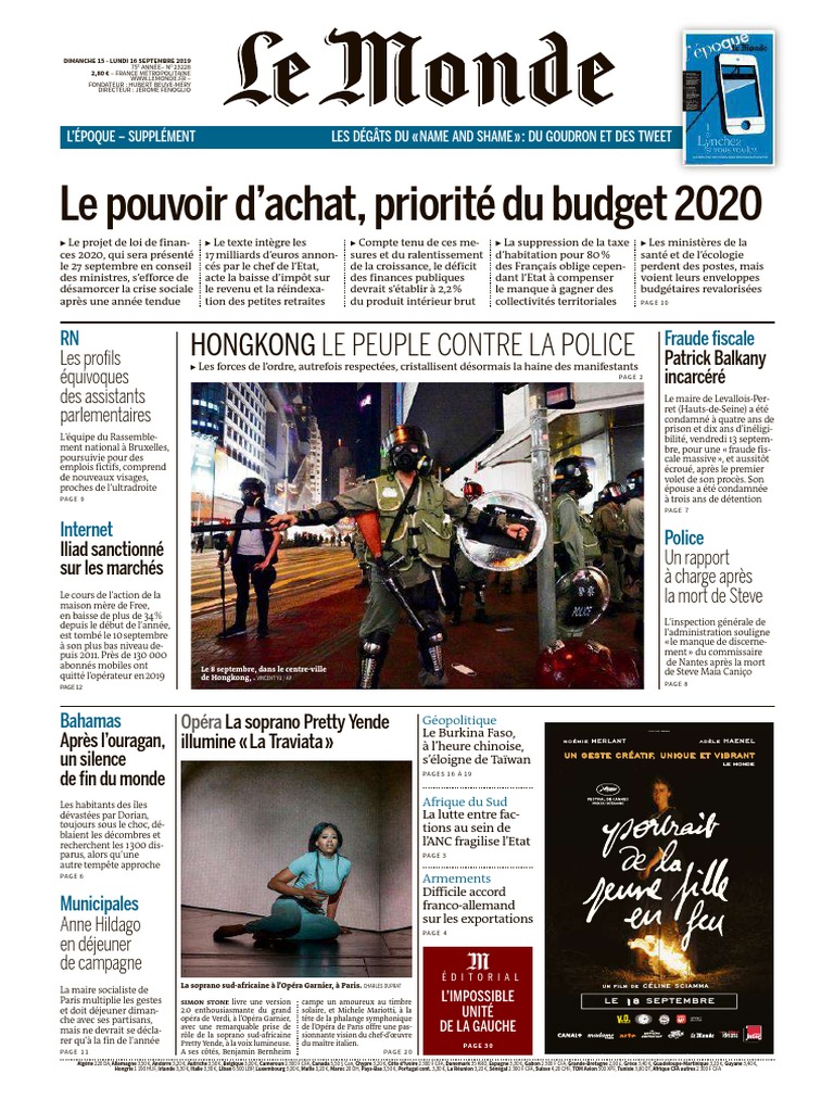 Journal Le Monde Du Dimanche 15 Et Lundi 16 Septembre 2019 Congrès