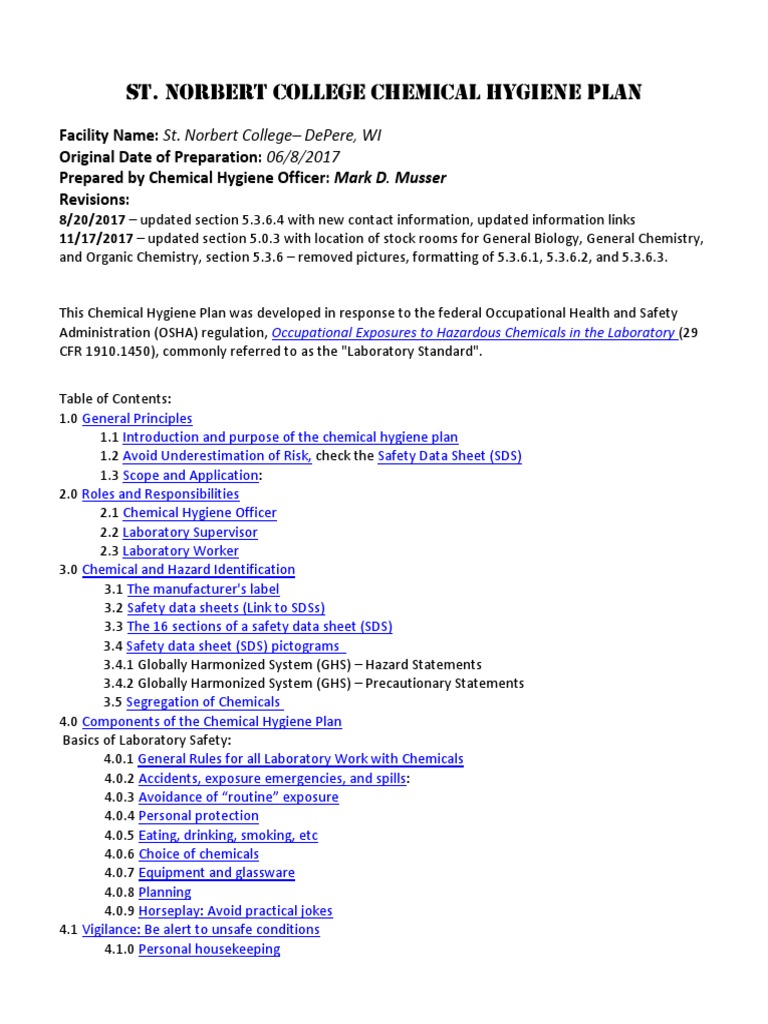 St. Norbert College CHEMICAL HYGIENE PLAN PDF Laboratories Chlorine