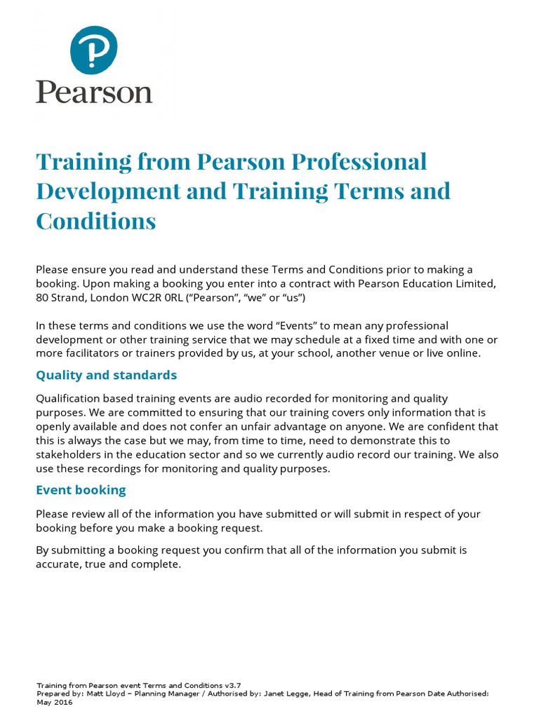 Training From Pearson Professional Development and Training Terms and