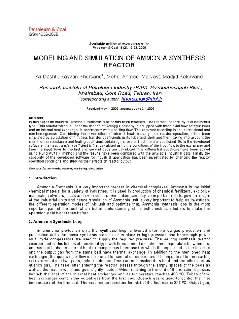Modeling and Simulation of Ammonia Synthesis Reactor PDF | PDF ...