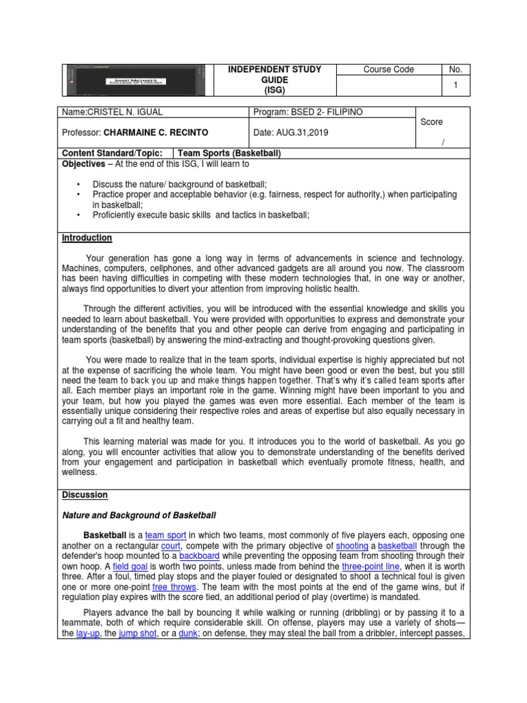 Independent Study Guide (ISG) Team Sport Court Shooting Basketball Backboard Field Goal Three