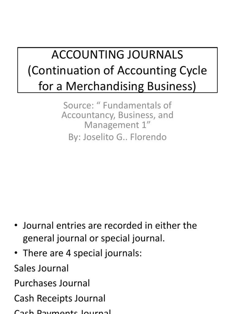Accounting Journals (Continuation of Accounting Cycle For A