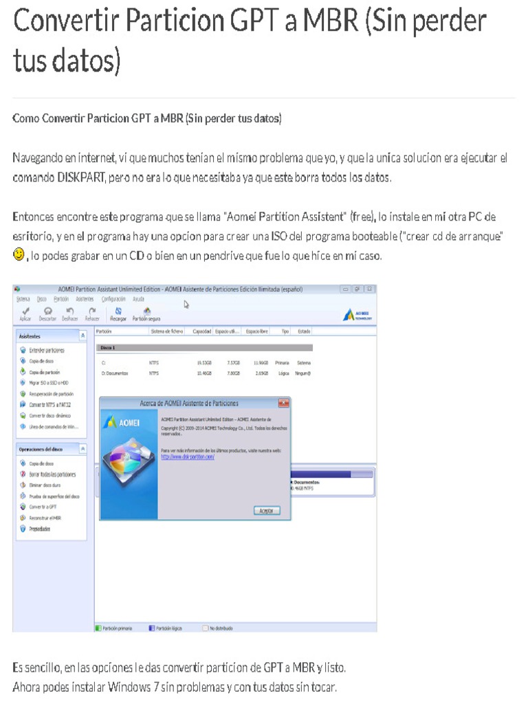 Convertir Un Disco GPT A MBR Sin Perder Datos Con Aomei Partition ...