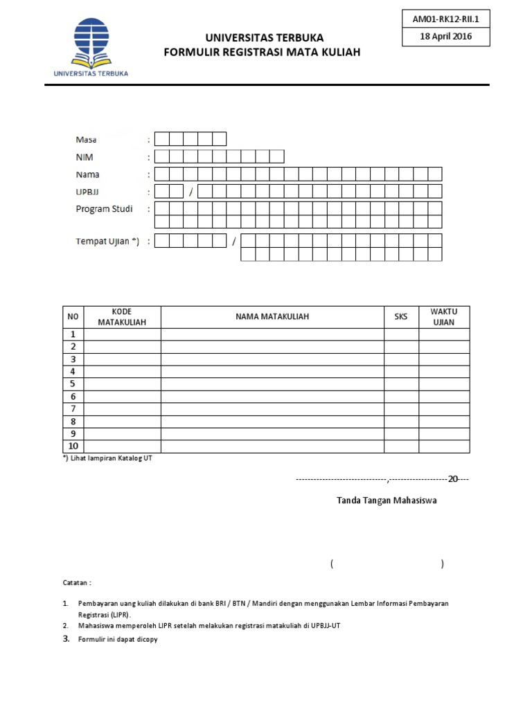 Formulir UT Reg MatKul AM01 RK12 RII1 PDF | PDF