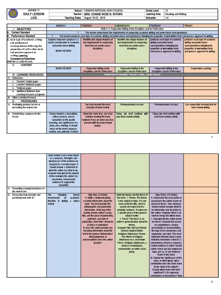 Daily Lesson Plan in Reading and Writing | PDF | Books | Argument