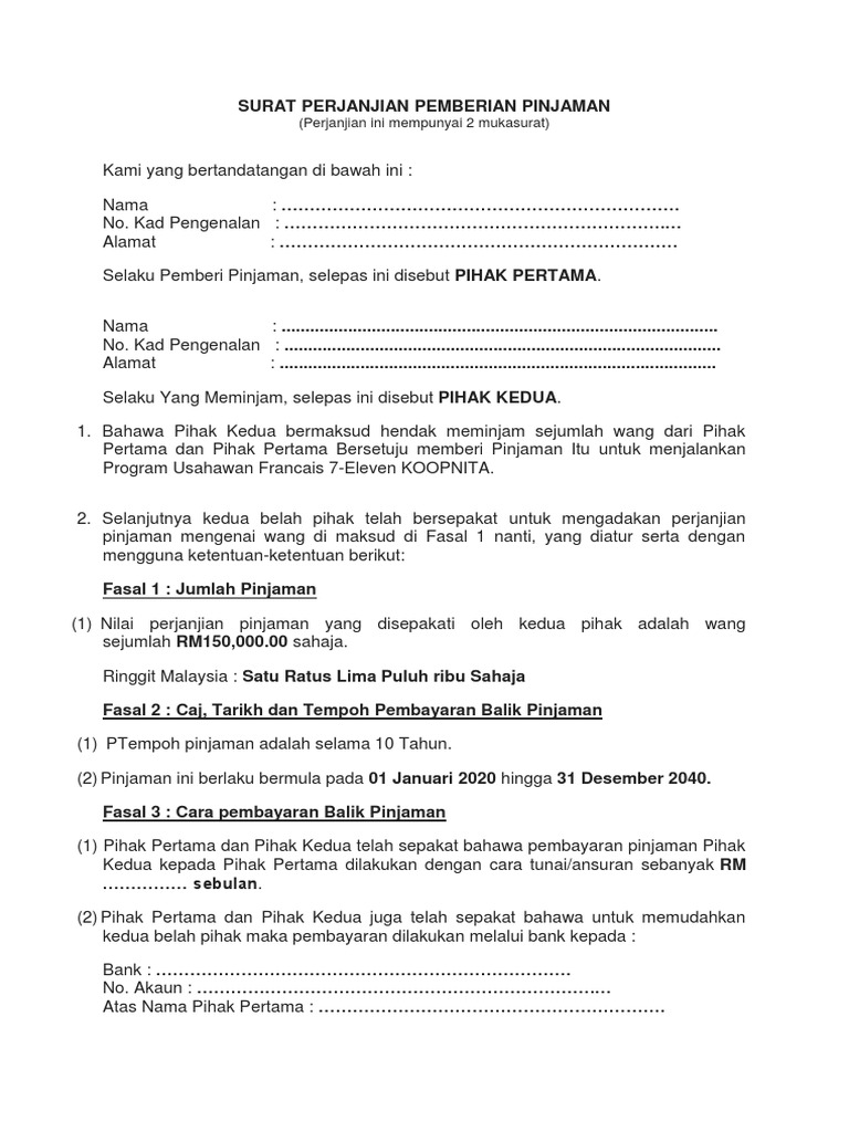 Surat Penjanjian Pemberian Pinjaman Pdf