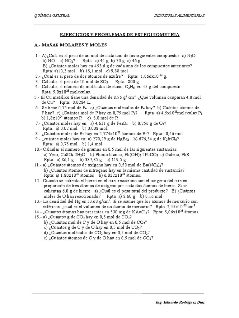Ejercicios de estequiometría y masas molares | PDF | Mole (Unidad) | Átomos
