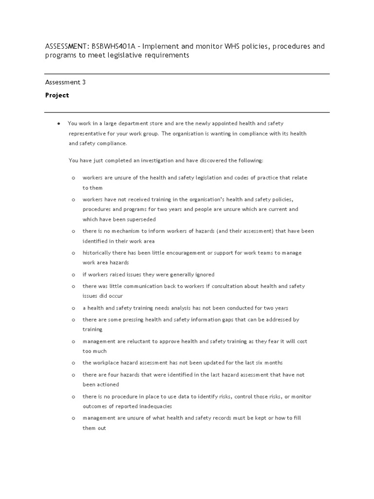 ASSESSMENT BSBWHS401A Implement and Monitor WHS Policies, Procedures