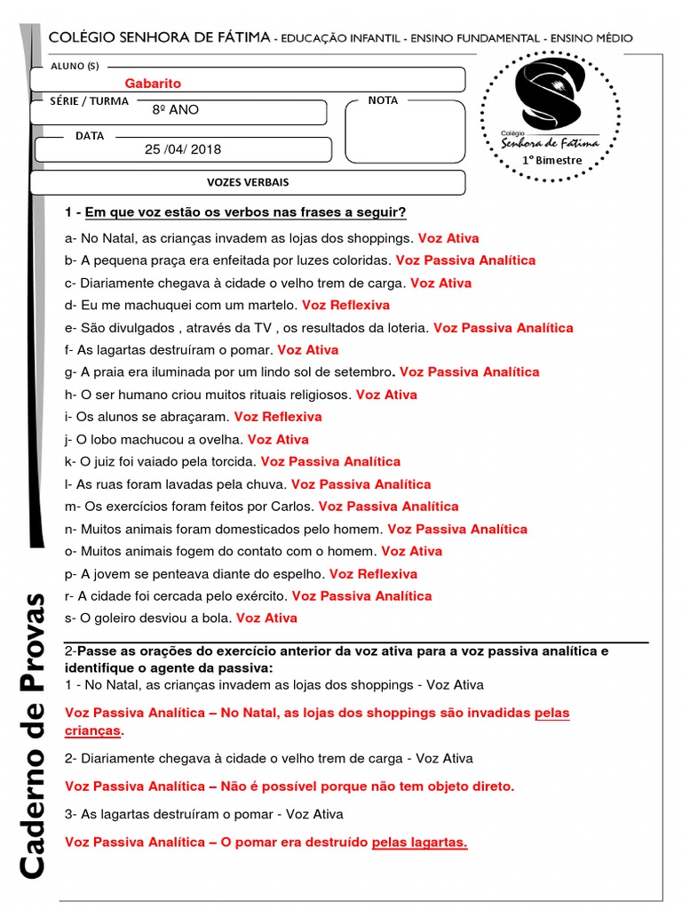 Exercícios de Vozes Verbais 8º Ano | PDF | Assunto (gramática ...